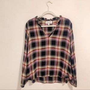 Anthropologie Cloth and Stone Plaid Ruffle Trim Blouse L